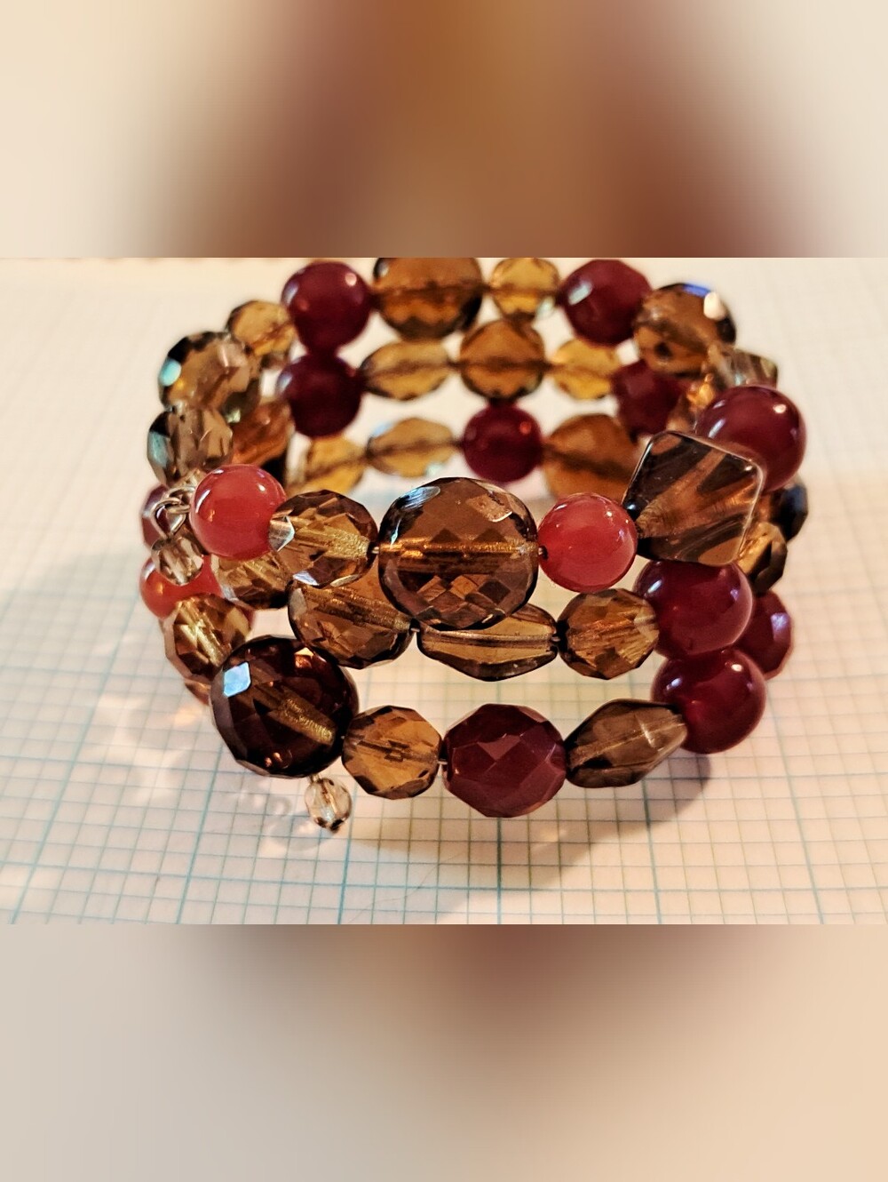 Beaded Wrap Bracelet in Brown, Amber and Ruby Tones